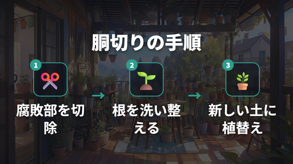 腐れた根と幹を剪定（胴切り）して仕立て直す手順