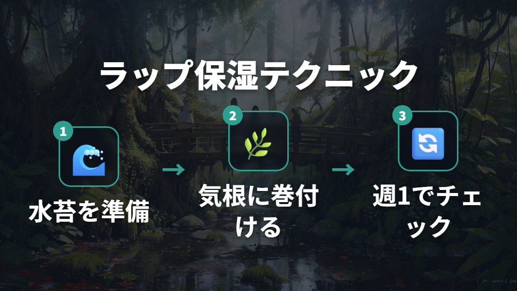 ラップと水苔を使って気根を太くする保湿テクニック