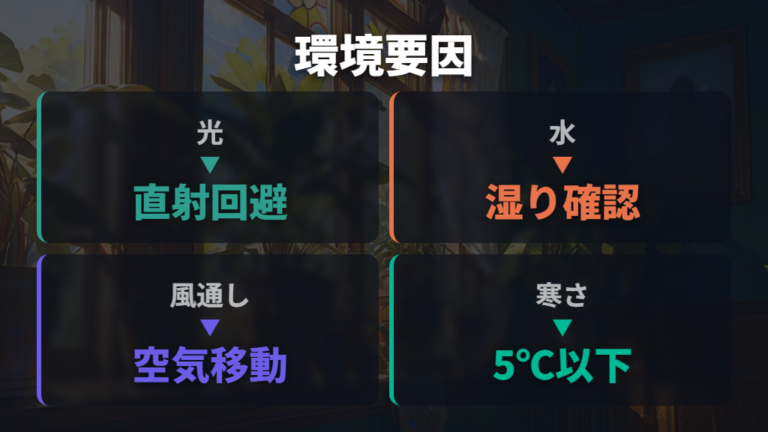 斑点ができる環境要因は光・水・風通し・寒さに分ける