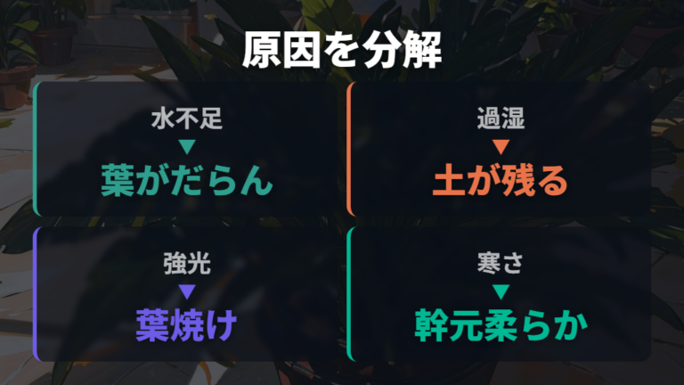 葉が垂れる主な原因は水・光・寒さ・根の複合で見る