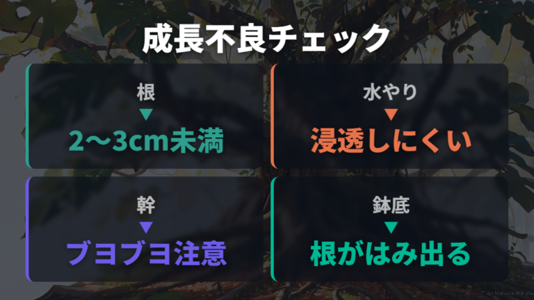 根と幹で見る成長不良のサインを比べて判断する