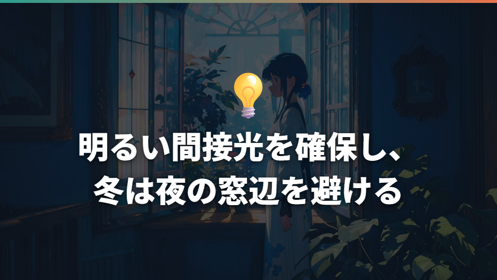 明るい間接光を確保し、冬は夜の窓辺を避ける