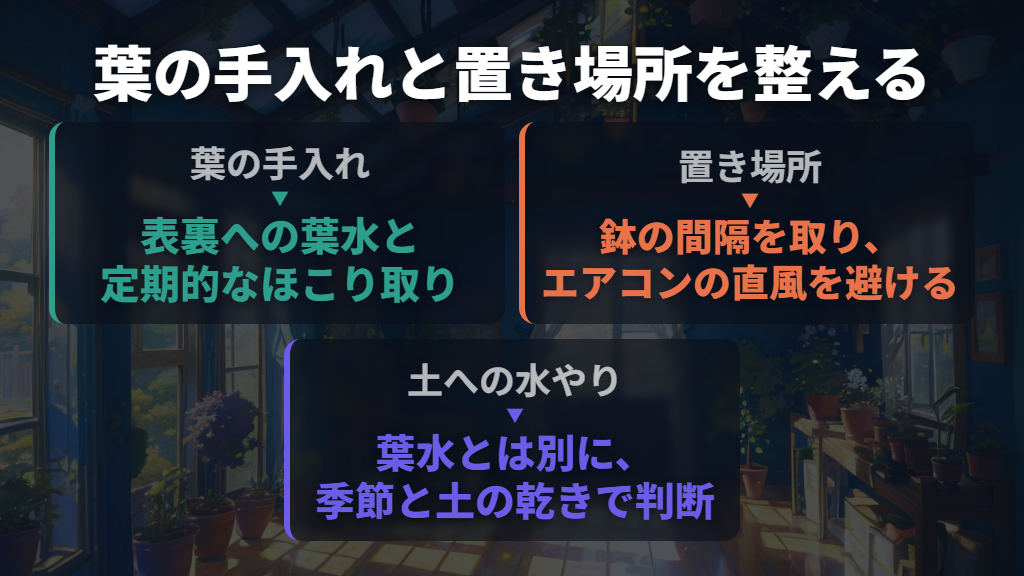再発予防は葉水・ほこり取り・置き場所を整える