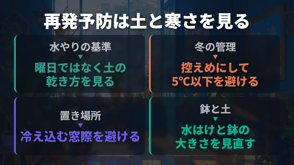 再発予防は土の乾き方を基準にし、冬は寒さにも注意する
