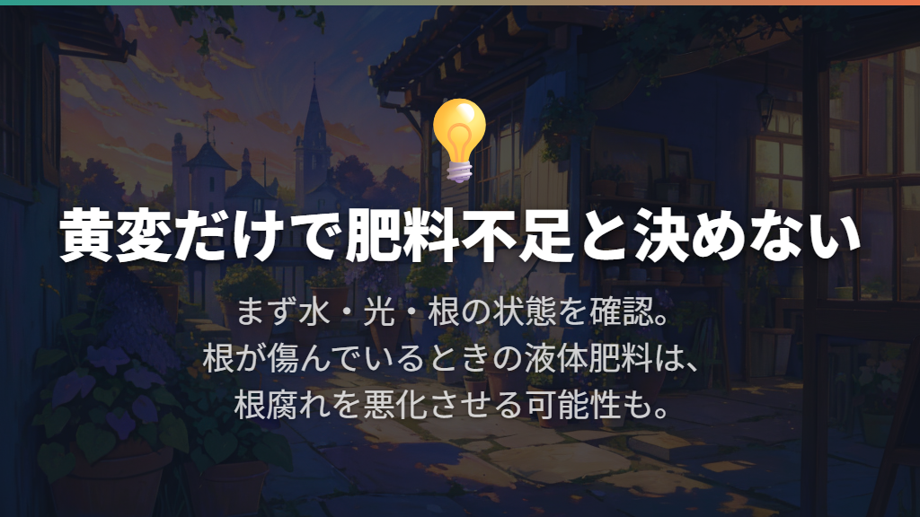 肥料不足も候補だが、黄変したらすぐ追肥とは決めない